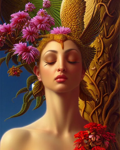 Image similar to a bird, unusual beauty, flowers and plants, emotionally evoking symbolic metaphors, head in focus, fantasy, ornamental, intricate, elegant, sensual, highly detailed digital painting, artstation, concept art, painterly, golden ratio, sharp focus, illustration, art by John William Godward and Boris Vallejo and Zdzisław Beksiński,