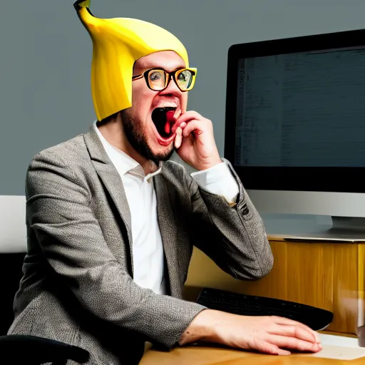 Prompt: a bored banana wearing a vintage pair of glasses is sitting in front of a desktop computer and yawning