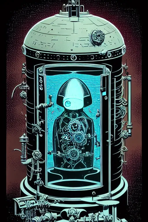 Image similar to steampunk cryo chamber containing a cyclops, high details, intricately detailed, by vincent di fate, inking, 3 color screen print, masterpiece, trending on artstation,, sharp, details, hyper - detailed, hd, 4 k, 8 k