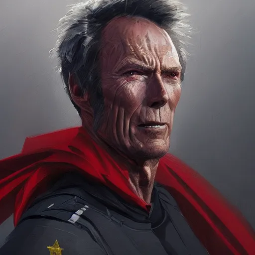 Image similar to portrait of superhero by greg rutkowski, clint eastwood wearing a black, red and blue kevlar gear, highly detailed portrait, digital painting, artstation, concept art, smooth, sharp foccus ilustration, artstation hq