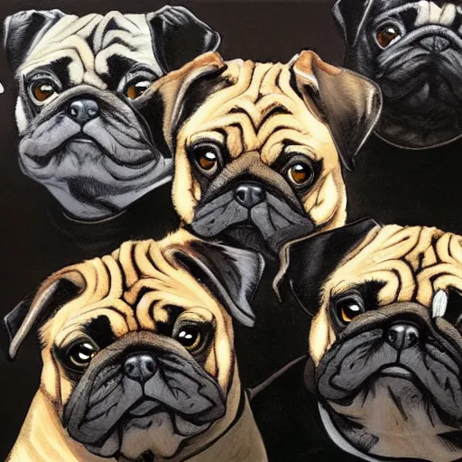 Image similar to self portrait showing family of pugs by yoji shinkawa, extra details, colored, 4 k, dynamic lighting