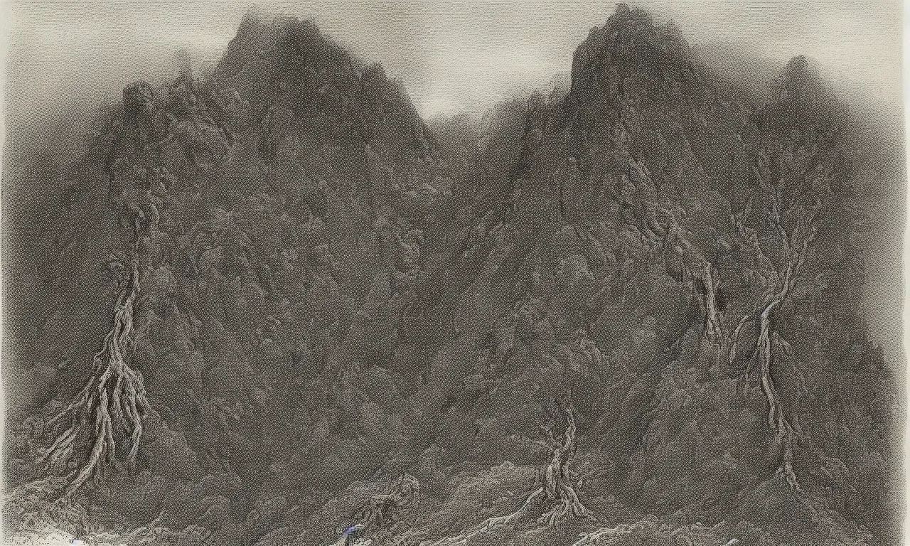 Prompt: an engraving of a lone gnarled tree clinging to a scree slope by gustave dore highly detailed, storybook illustration, lithograph engraving