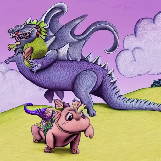 Image similar to super - detailed timon & pumba riding a purple dragon in a storm, ultrarealistic, highly detailed, soft colors