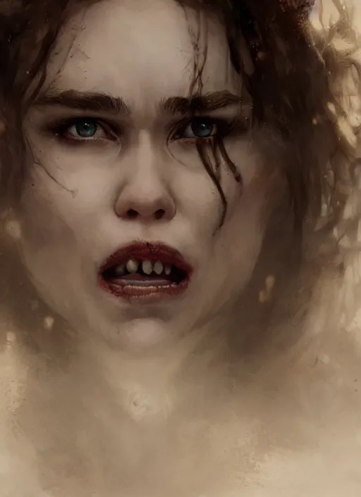 Prompt: young emilia clarke vampire, mouth open bite, staring seductively, detailed by gaston bussiere, bayard wu, greg rutkowski, giger, maxim verehin, greg rutkowski, masterpiece, sharp focus, cinematic lightning