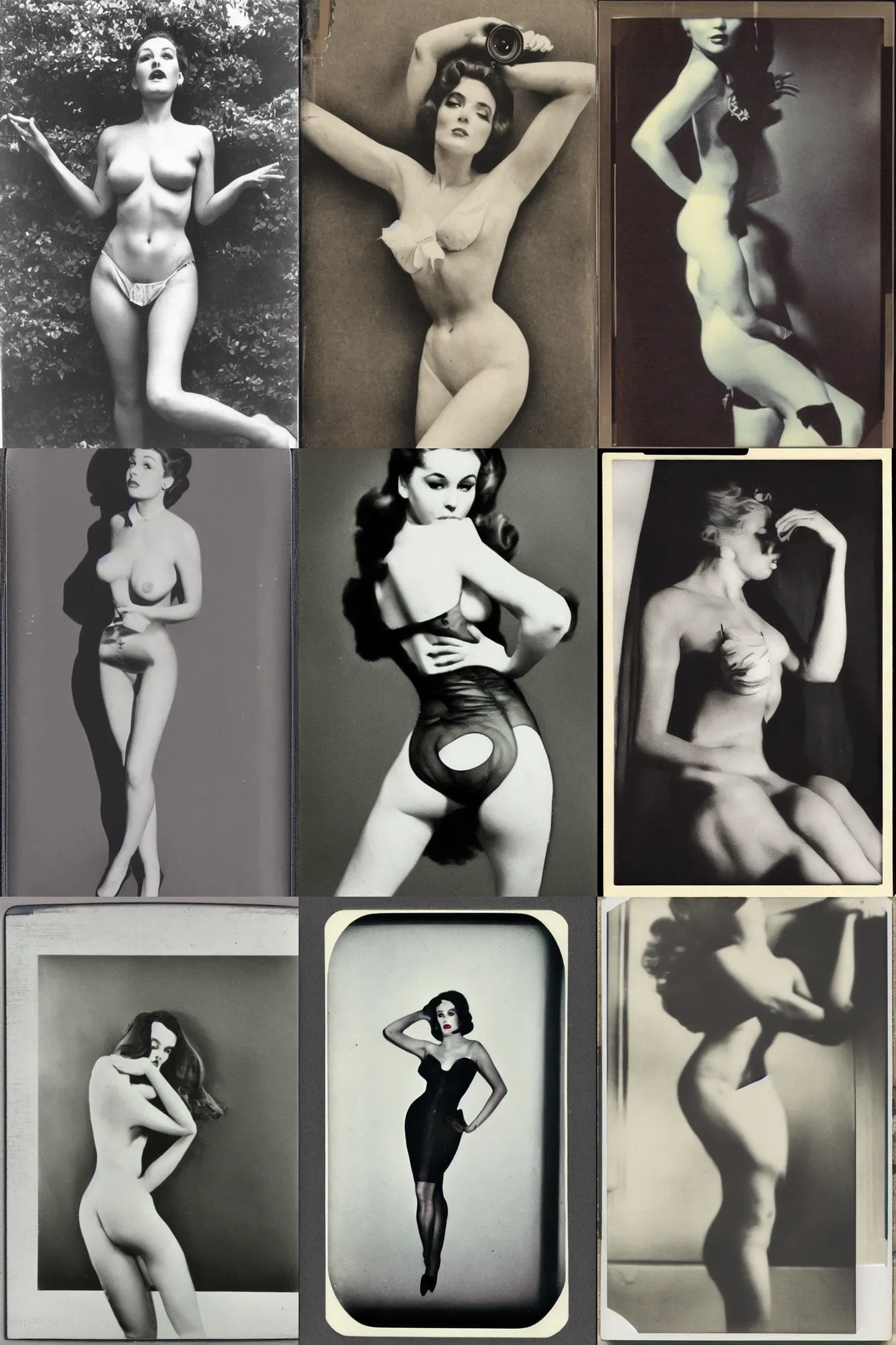 Prompt: photo, 1960’s polaroid photo, art nouveau, dribble, a pinup model posing for a picture