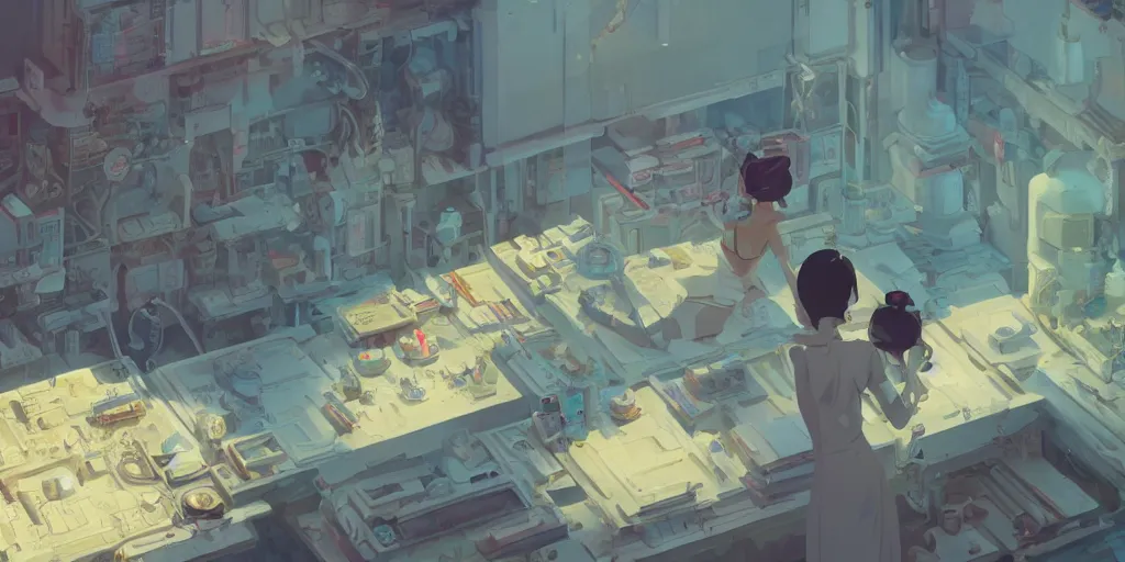 Image similar to god's workshop, detailed, potions, scrolls, arcane books, different organs of the human body, mechanisms for building bionic robots, james gilleard, atey ghailan, makoto shinkai, goro fujita, studio ghibli, rim light, exquisite lighting, clear focus, very consistent, plain background, soft painting