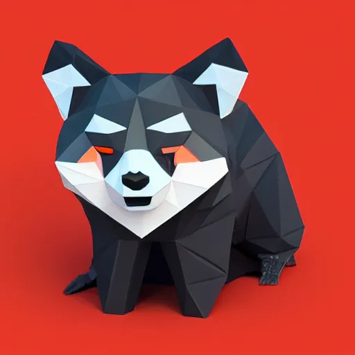 Image similar to isometric cute low - poly red panda playing with a low - poly raccoon