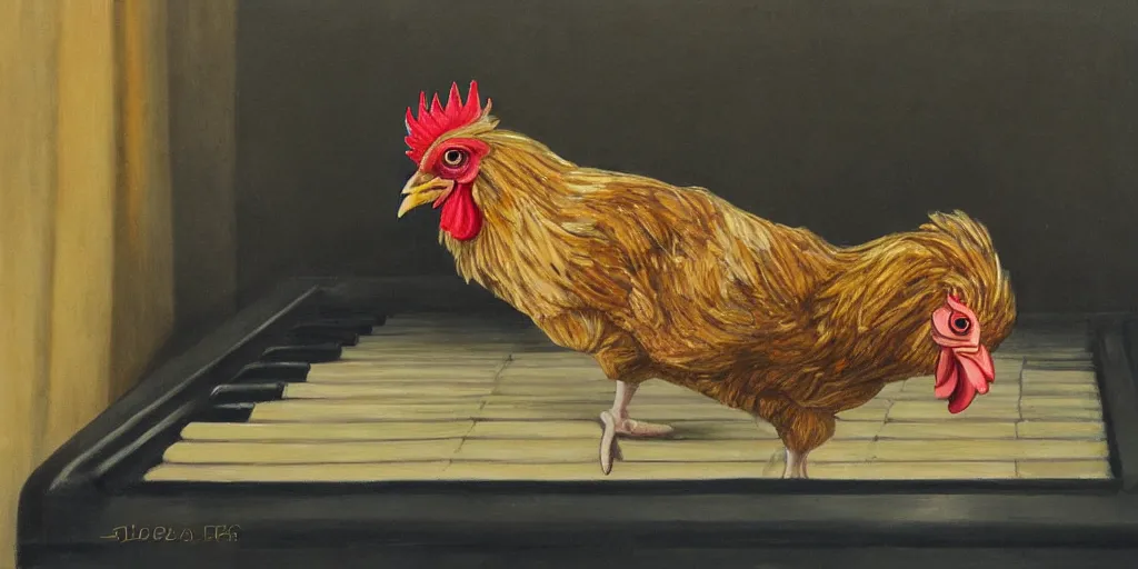 Prompt: detailed painting of a chicken playing the piano