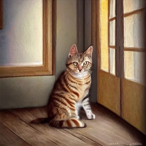 Prompt: very very very very beautiful photo of the cat sitting in provence style interior room, photorealism,