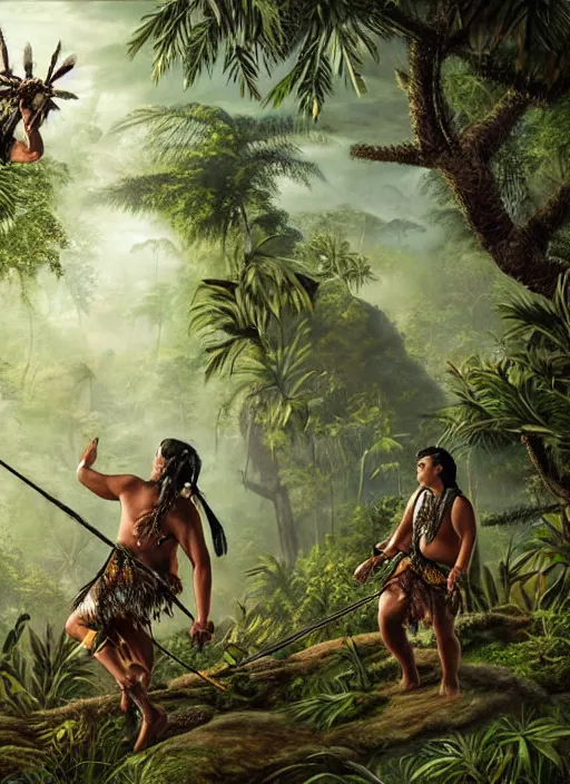 Image similar to two indigenous people hunting together in the jungle, fantasy art, highly detailed, matte painting