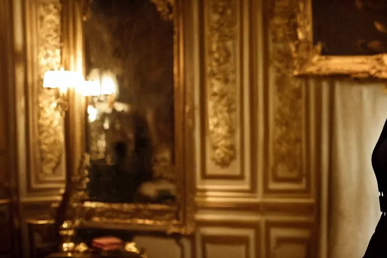 Image similar to cinematography closeup portrait of a woman cop in an decadent mansion foyer by Emmanuel Lubezki