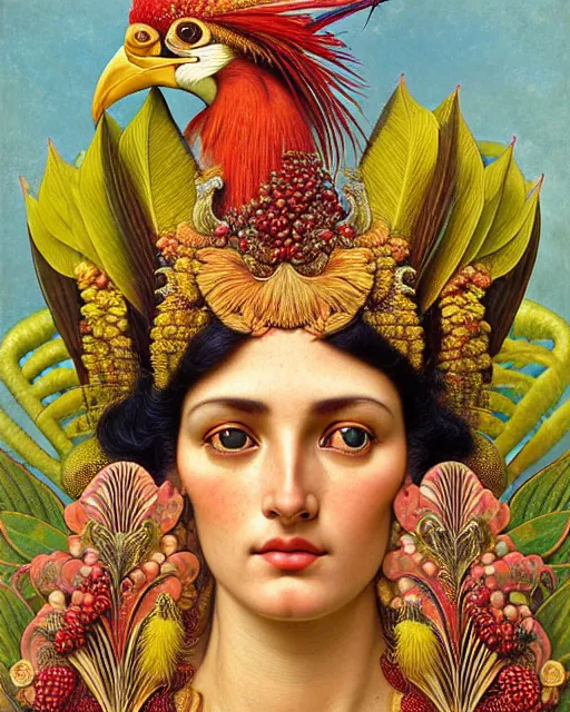 Image similar to hyperrealistic detailed face portrait of the beautiful goddess of the golden pheasants with an intricate headgear of golden pheasant, red berries, leaves, field flowers, pears, apples, art by ernst haeckel, john william godward, android jones, alphonso mucha, h. r. giger, gothic - cyberpunk, ornamental, beautiful deep colours,