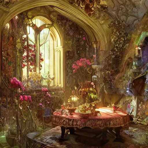 Prompt: a beautiful interior of a fairy castle, fully decorated, furnished with fairy furniture, fairy aesthetics, concept art, by greg rutkowski, alphonso mucha and elena dudina. high details, global illumination