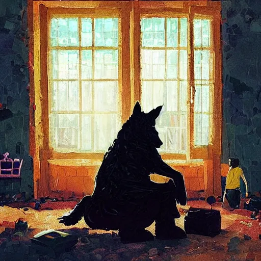 Image similar to a humanoid german shepherd beast - man, sitting and watching a soccer match in his house on television, he has hurt his knee and is a dad, by erin hanson, alexi zaitsev, karl spitzweg, award winning, tv set