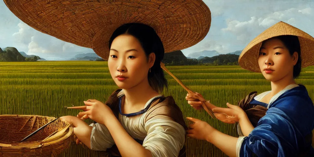 Image similar to beautiful oil matte portrait painting, vietnamese woman of an elevated rice field tending to her work, wonderful masterpiece highly detailed, beautiful cinematic light deep focus, elegant, digital painting, smooth, sharp focus, golden ratio, dramatic illumination, ultra realistic, 8 k, art by artemisia lomi gentileschi and caravaggio