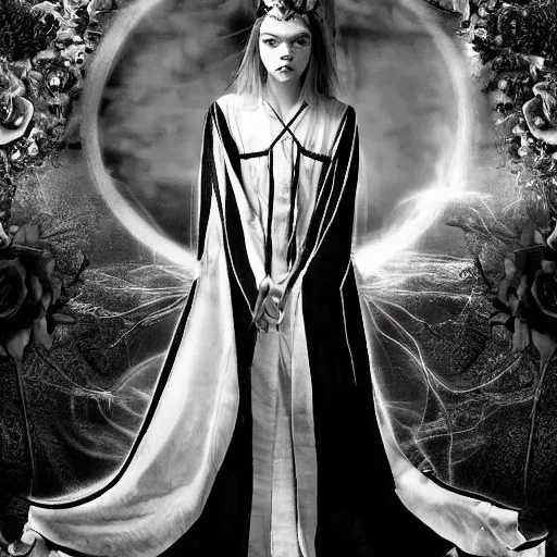 Prompt: black and white pen and ink!!!!!!! Suprani!!!!! wizard beautiful long hair Anya Taylor-Joy wearing High Royal flower print robes flaming!!!! final form flowing ritual royal!!! Contemplative stance Vagabond!!!!!!!! floating magic witch!!!! glides through a beautiful!!!!!!! Camellia!!!! Tsubaki!!! death-flower!!!! battlefield behind!!!! dramatic esoteric!!!!!! Long hair flowing dancing illustrated in high detail!!!!!!!! by Hiroya Oku!!!!!!!!! graphic novel published on 2049 award winning!!!! full body portrait!!!!! action exposition manga panel black and white Shonen Jump issue by David Lynch eraserhead and beautiful line art Hirohiko Araki!! Frank Miller, Kentaro Miura!, Jojo's Bizzare Adventure!!!! 3 sequential art golden ratio technical perspective panels horizontal per page