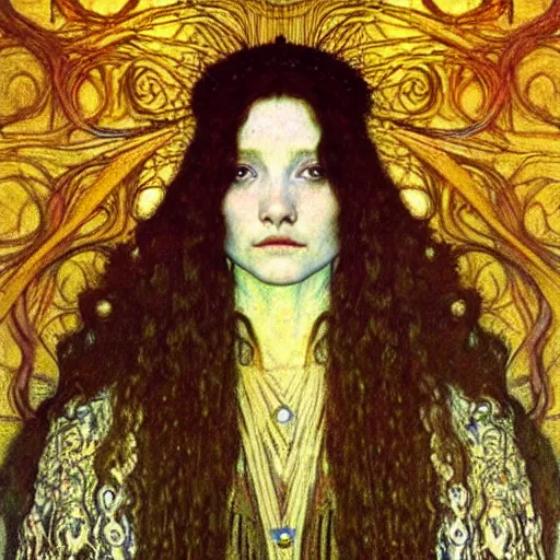 Image similar to detailed realistic beautiful young medieval queen face portrait by jean delville, gustav klimt and vincent van gogh, art nouveau, symbolist, visionary, gothic, pre - raphaelite, beautiful muted earthy colors