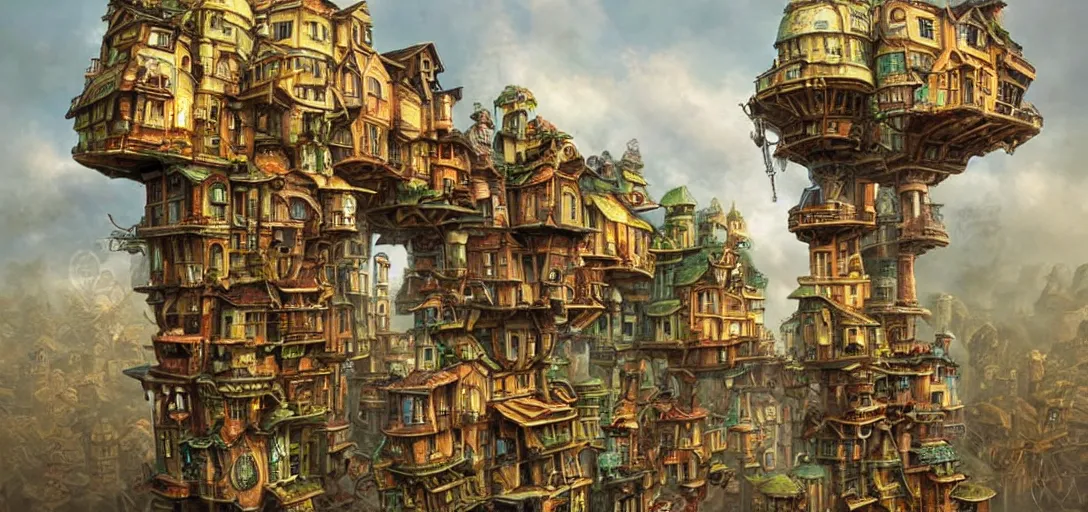 Prompt: a steampunk village built on stilts in the clouds, by Naoto Hattori,