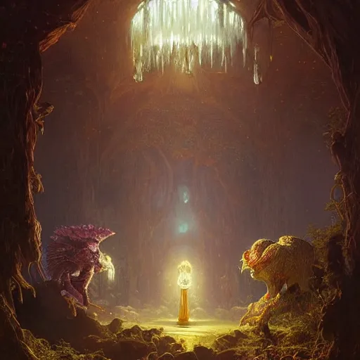 Image similar to beautiful painting, highly detailed, crystal lighting, mystical, hyperrealistic, 4 k, unreal engine, magical, by albert bierstadt, joe fenton, greg rutkowski, greg tocchini, kaws, kate beaton, and kaethe butcher