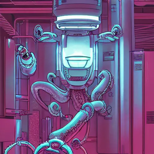 Image similar to robotic Octopus in an airlock, Industrial Scifi, cyberpunk, detailed illustration, character portrait, by Martin Grip and Moebius