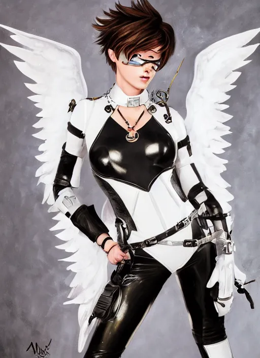 Prompt: portrait artwork of tracer overwatch, wearing white latex and leather straps catsuit outfit, in style of mark arian, angel wings, dramatic painting, wearing detailed leather collar, chains, black harness, detailed face and eyes,