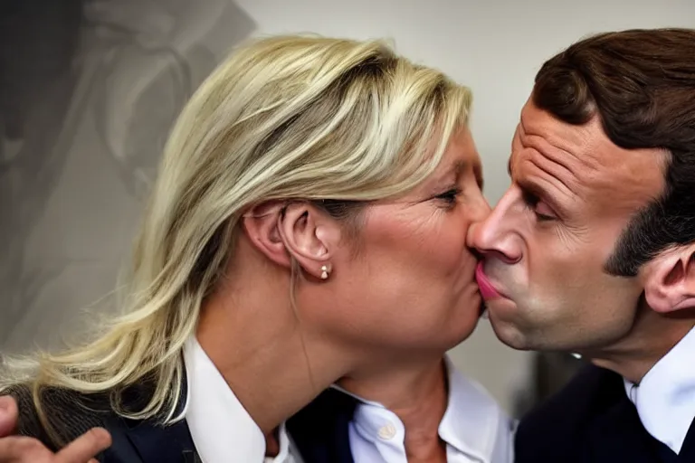 Image similar to Emmanuel Macron kissing Marine Lepen on the mouth , photojournalism photography, white background