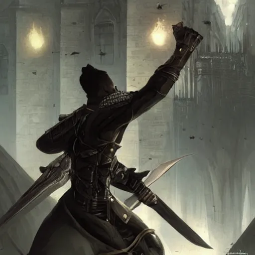 Image similar to a black male rogue fighting with guards in a fantasy paris 1700, symmetric face, dynamic, cinamatic, cinematic light, epic landscape, hyperrealism, epic fantasy digital art, fantasy style art, by Greg Rutkowski, fantasy magic the gathering card art style