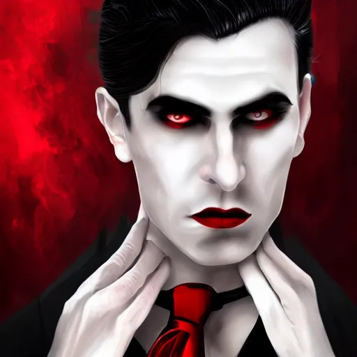 Prompt: a classical vampire, male, late - 4 0 s aged, long, slicked black hair, clean shaven, in red and black, regal, high fantasy, full color digital art, cinematic shot, full body shot, concept art.