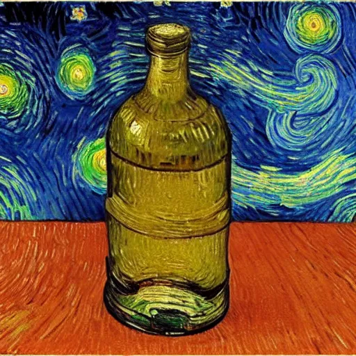 Image similar to a bottle on display filled by the sky painting by van gogh starry night, by van gogh