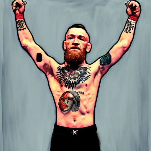 Image similar to conor mcgregor crucified, oil on canvas, digital art, religious, chest tattoo