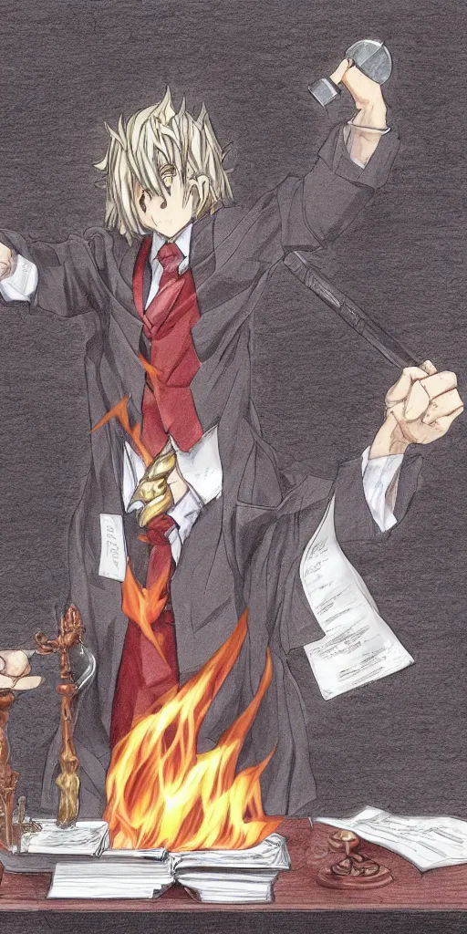 Prompt: powerful anime judge with a magic gavel on fire, in a court room with a scale on his desk, drawn by a famous anime artist, high quality, fine lines, amazing detail. colored