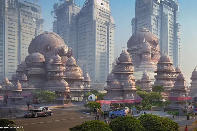 Image similar to beautiful futuristic new delhi, sharp sci - fi ganesha!! building, kalighat flowers, highly detailed cinematic, stephen shore & john j. park, soft morning light, wide shot, ground angle, uhd 8 k, shallow depth of field