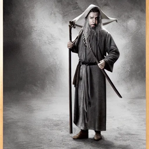 Image similar to a still from “ lord of the rings ” of a head and shoulders portrait of fei lung as a wizard with a hat and a wooden staff, photo by phil noto