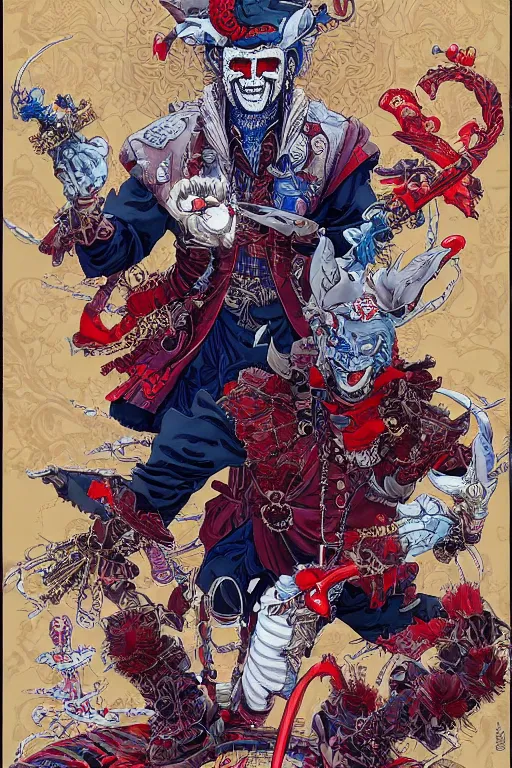 Image similar to joe biden dressed like a midevil jester, by yoichi hatakenaka, masamune shirow, josan gonzales and dan mumford, ayami kojima, takato yamamoto, barclay shaw, karol bak, yukito kishiro, hyperdetailed, trending on artstation