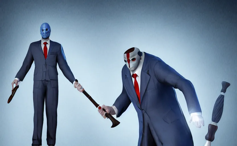 Image similar to cinematic view of a dead by daylight killer lawyer wearing a blue business suit with a gavel weapon, character portrait, digital art