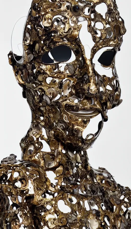 Image similar to a woman with a plastic mask on her face, a surrealist sculpture by alexander mcqueen, trending on pinterest, plasticien, biomorphic, made of plastic