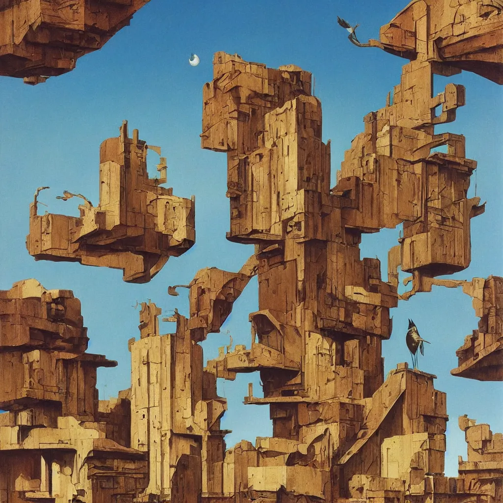 Prompt: a single! colorful!! old wooden bird tower clear empty sky, a high contrast!! ultradetailed photorealistic painting by dean ellis, roger dean and giorgio de chirico, hard lighting, masterpiece