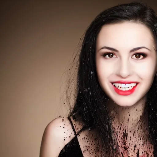 Image similar to professional headshot of an elegant female vampire smiling with droplets of blood splattered across her face. high resolution, realistic, professional lighting, nikon camera, 8 k, imdb. com