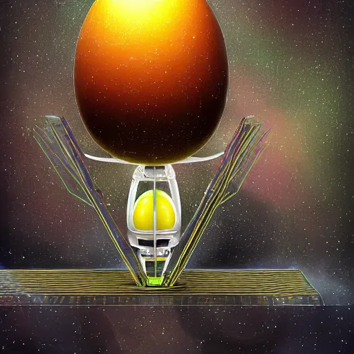 Prompt: A mechanical egg being powered by cosmic fuel, digital art