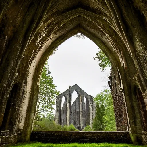 Prompt: Tintern abbey in the style of the upside down in Stranger Things n -8 C 12.0