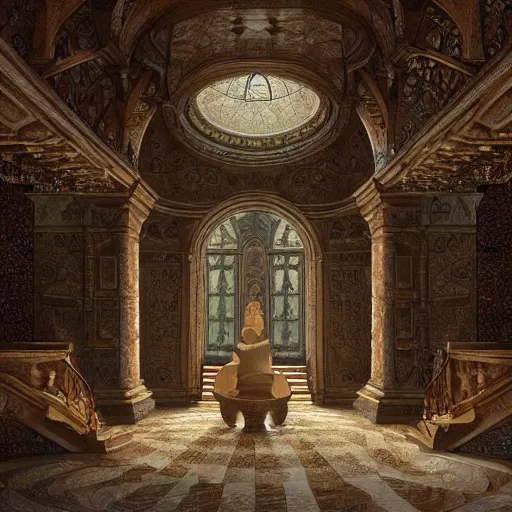 Image similar to fine concept art of a scene representation inspired by the song Hall of the Stairs / Hall of the Mosaics by Andreas Vollenweider, highly realistic and detailed, intricate, cinematic lighting