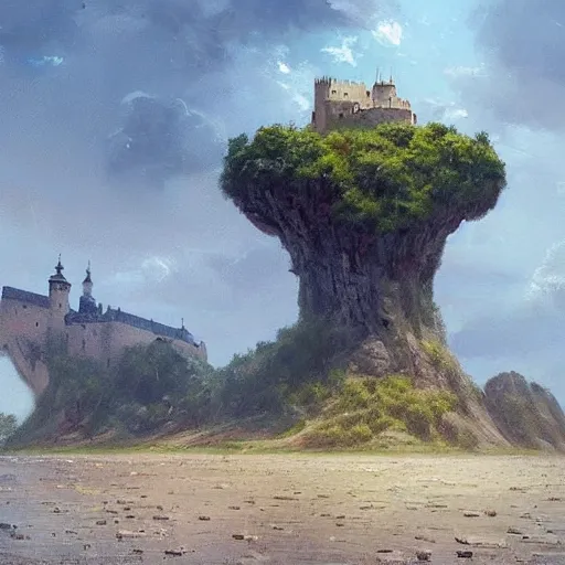 Prompt: greg rutkowski painting of an island floating in the air above a barren wasteland, on the island there is a cracow wawel castle and a lot of green vegetation, beautiful, detailed