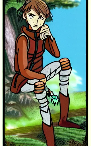 Image similar to an wood elf boy getting ready for an high fantasy adventure on the mountain side, anime style, tarot card, Tarot card the fool