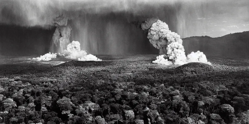Image similar to a Sebastião Salgado's photograph of landscape of a forest near an erupting volcano