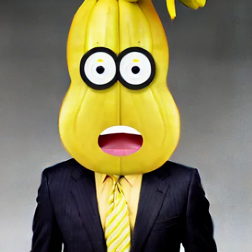 Image similar to banana head, a man wearing a suit banana head