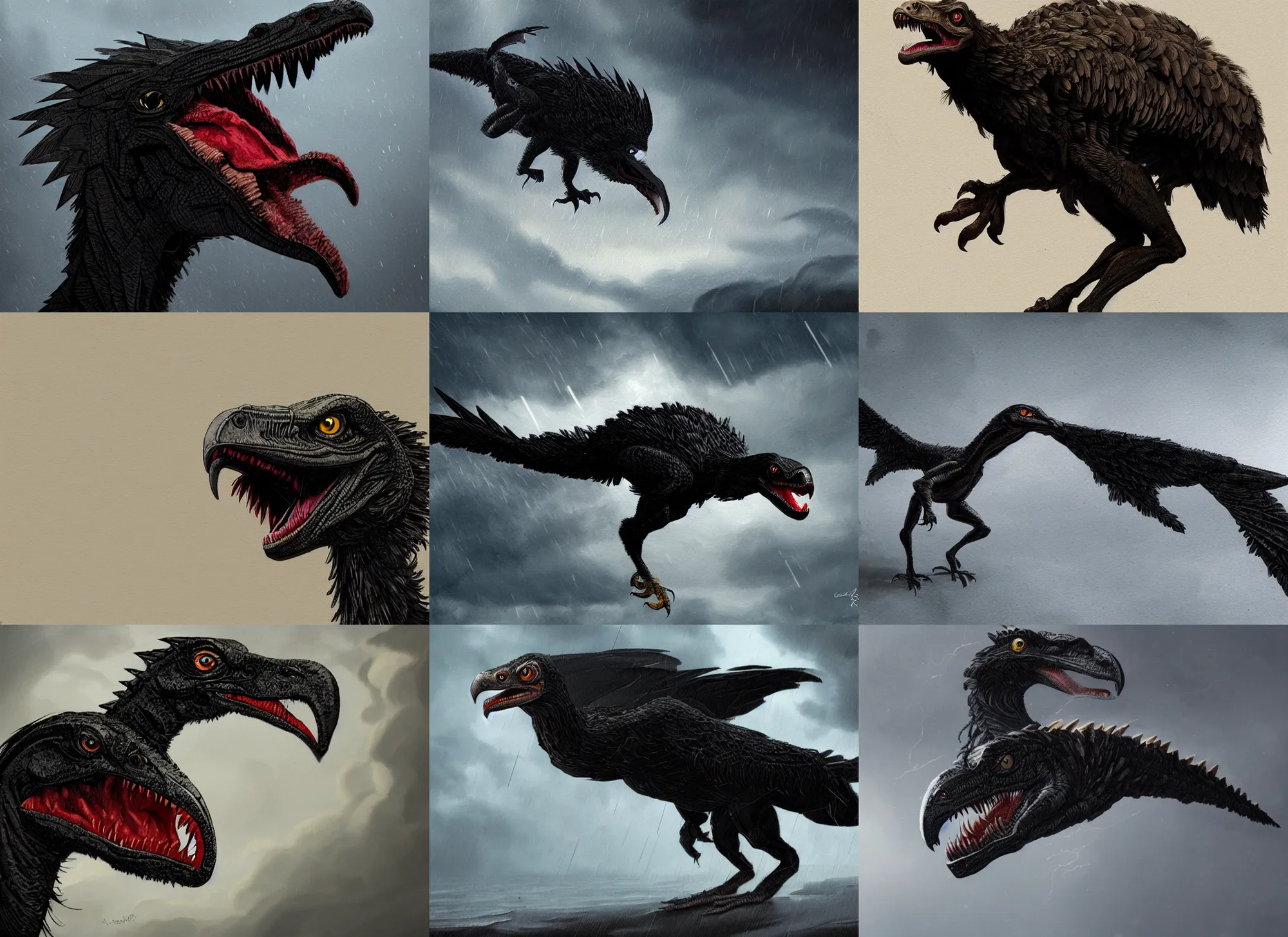 Prompt: black velociraptor-vulture in storm, intricate, highly detailed, artstation, sharp focus, illustration, jurgens, rutkowski, simonetti