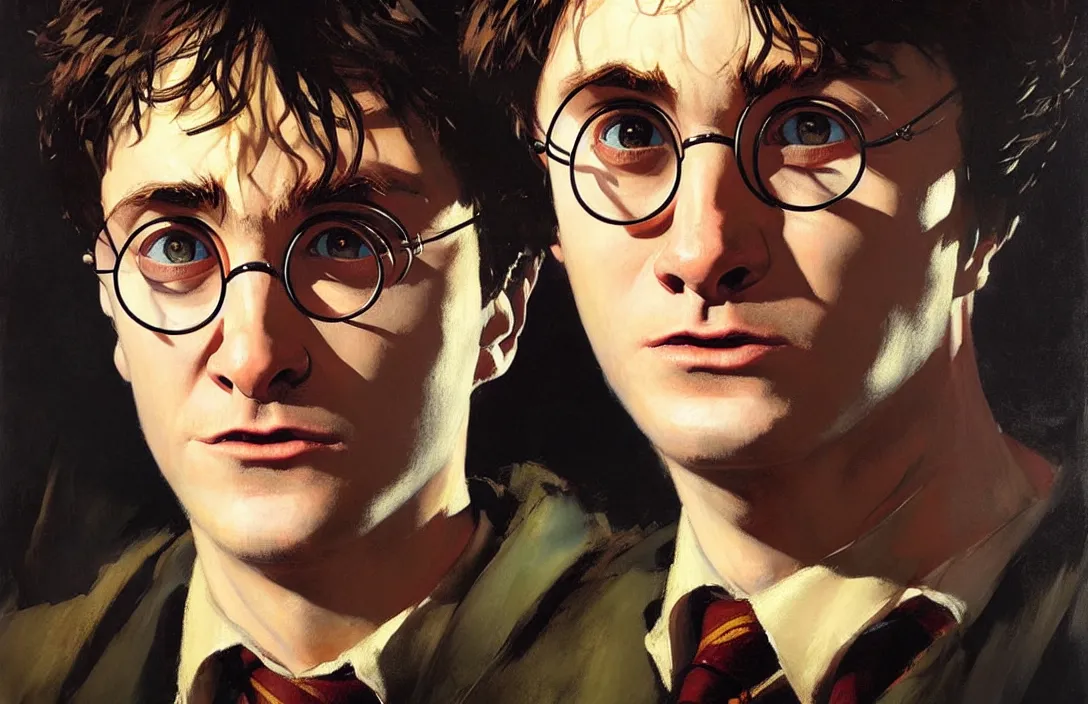 Image similar to portrait of harry potter!!!!!!!!!!!!!!!!!!!!!!!!!!!, detailed face, detailed painting,, epic lighting, by ilya repin, phil hale and kent williams