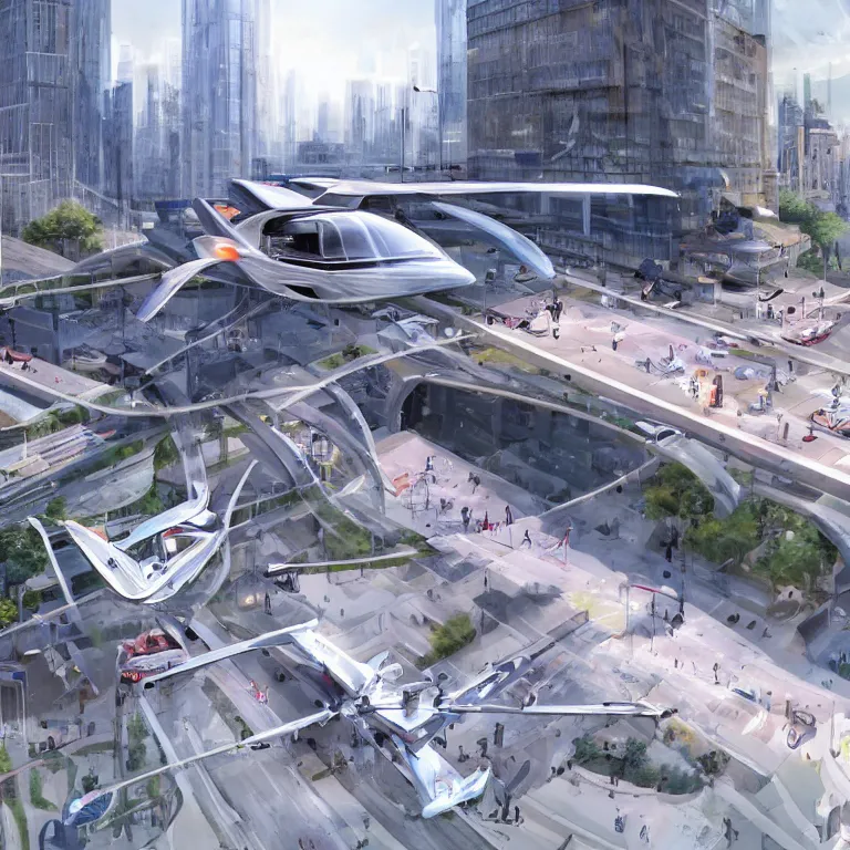 Image similar to flying cars in the city some stop at stations, concept art