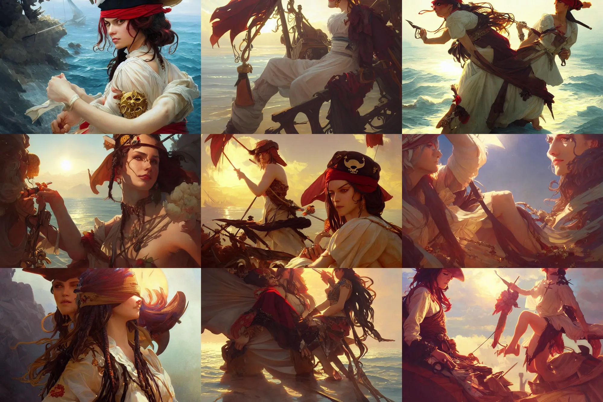 Prompt: pirates, elegant, sun shines in the sky, blood in the seahighly, detailed, digital painting, artstation, concept art, smooth, sharp focus, illustration, art by artgerm and greg rutkowski and alphonse mucha