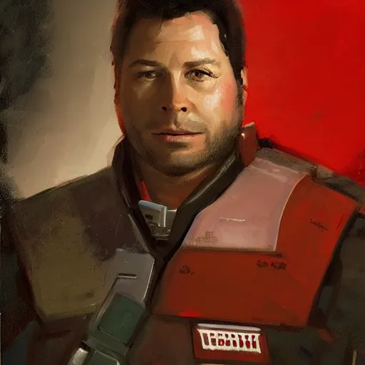 Image similar to portrait of a man by greg rutkowski, he looks like greg grunberg, tall and burly, star wars expanded universe, he is about 3 0 years old, wearing red and white starfighter pilot uniform from the galactic triunvirate.